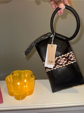 Black Braided-Handle Wristlet with Embroidered Accent